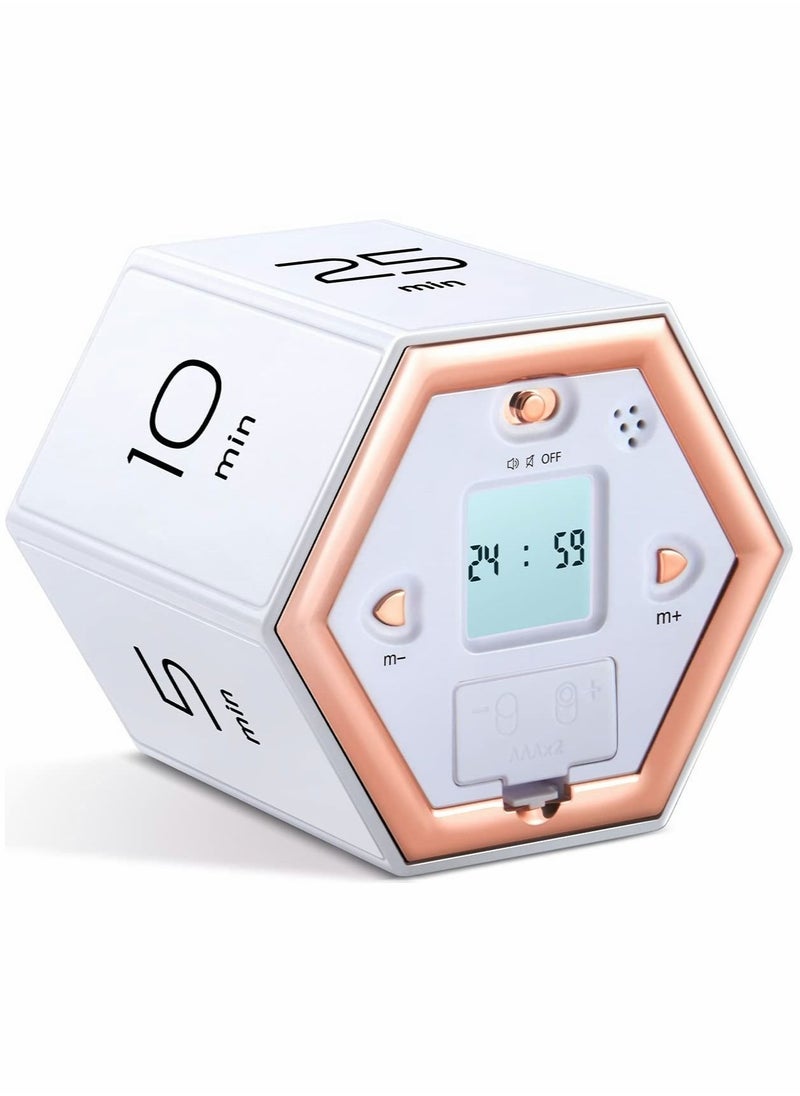 Hexagon Flip Timer with Mute & Alarm Function- Kitchen Timer Easy to Use - Time Management Pomodoro Timer for Kids - Magnetic Cube Timer for Classroom Cooking Studying Working- White
