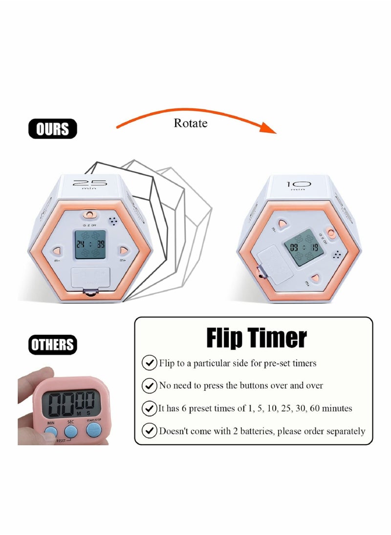Hexagon Flip Timer with Mute & Alarm Function- Kitchen Timer Easy to Use - Time Management Pomodoro Timer for Kids - Magnetic Cube Timer for Classroom Cooking Studying Working- White