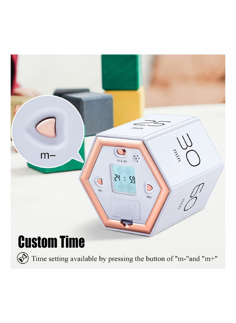 Hexagon Flip Timer with Mute & Alarm Function- Kitchen Timer Easy to Use - Time Management Pomodoro Timer for Kids - Magnetic Cube Timer for Classroom Cooking Studying Working- White