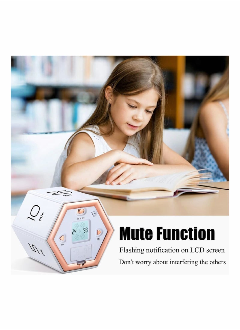 Hexagon Flip Timer with Mute & Alarm Function- Kitchen Timer Easy to Use - Time Management Pomodoro Timer for Kids - Magnetic Cube Timer for Classroom Cooking Studying Working- White