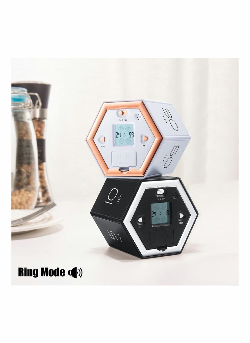 Hexagon Flip Timer with Mute & Alarm Function- Kitchen Timer Easy to Use - Time Management Pomodoro Timer for Kids - Magnetic Cube Timer for Classroom Cooking Studying Working- White