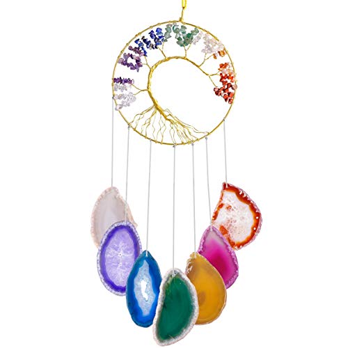 SUNYIK Tree of Life Agate Slice Wind Chime, Handmade 7 Chakra Stone Healing Crystal Windchime for Indoor Outdoor Decoration Ornament - Image 1