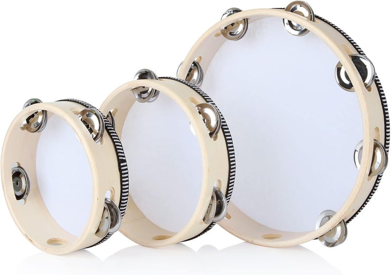 MIVIDE Tambourine, Wooden Tambourine, Music Instruments for Children and Adults (6 Inches, 7 Inches and 10 Inches) Pack of 3 - Image 1