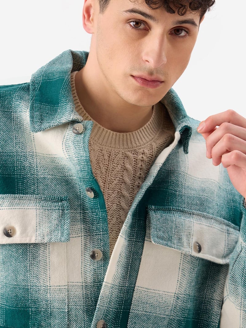 The Souled Store Plaid : Light Emerald and White Men and Boys Long Sleeve Collared Neck Button Front Cotton Oversized Fit Flannel Shackets - Image 5