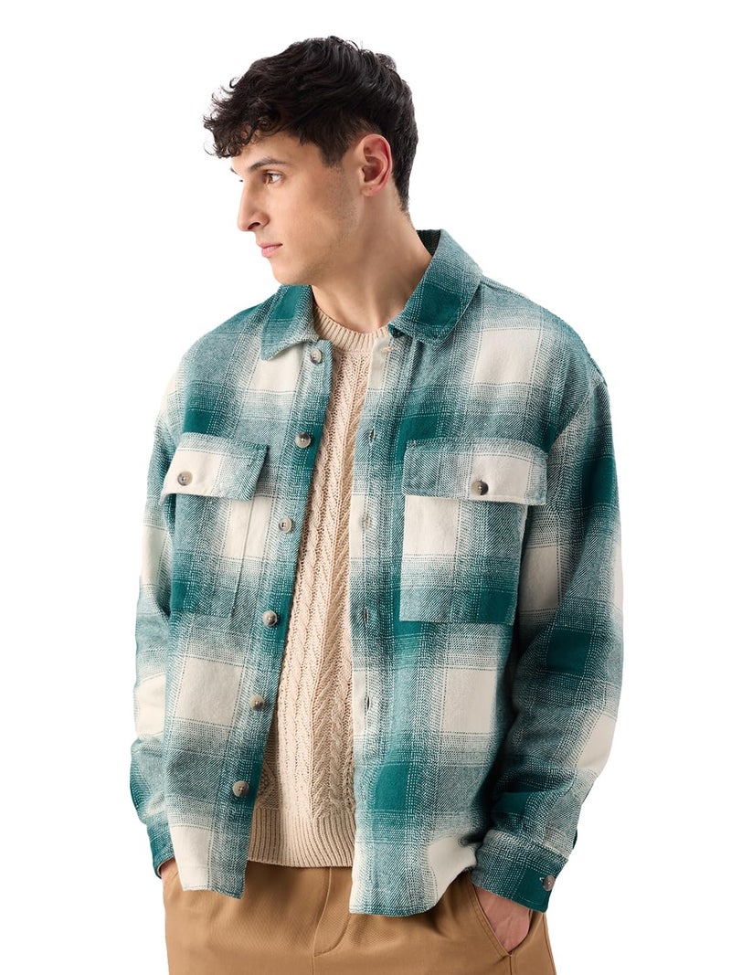 The Souled Store Plaid : Light Emerald and White Men and Boys Long Sleeve Collared Neck Button Front Cotton Oversized Fit Flannel Shackets - Image 1