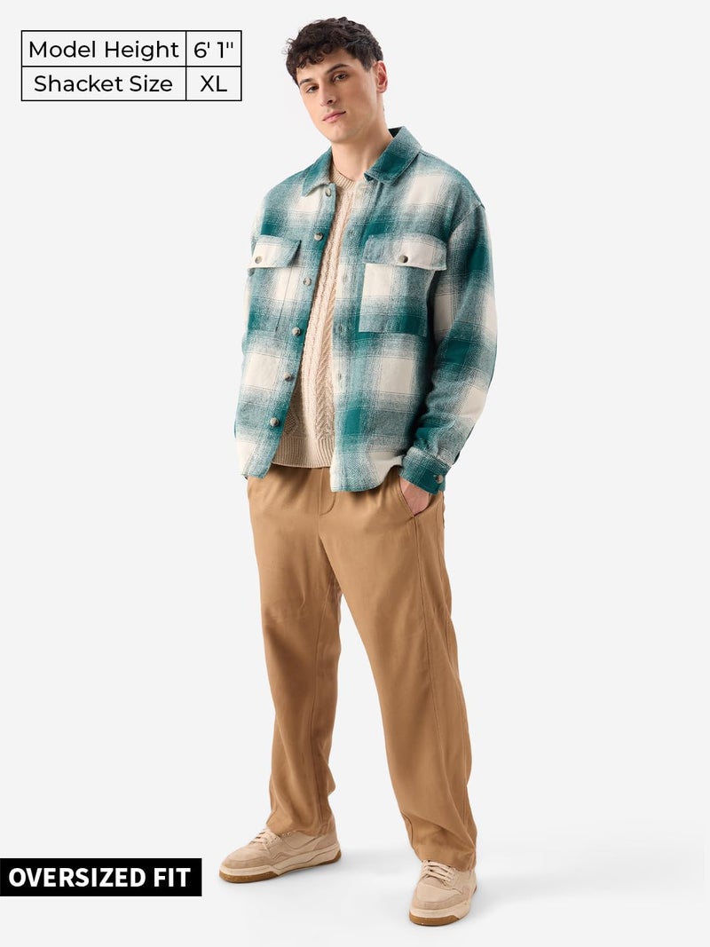 The Souled Store Plaid : Light Emerald and White Men and Boys Long Sleeve Collared Neck Button Front Cotton Oversized Fit Flannel Shackets - Image 2