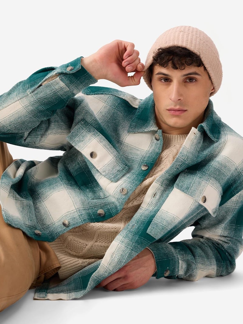 The Souled Store Plaid : Light Emerald and White Men and Boys Long Sleeve Collared Neck Button Front Cotton Oversized Fit Flannel Shackets - Image 3