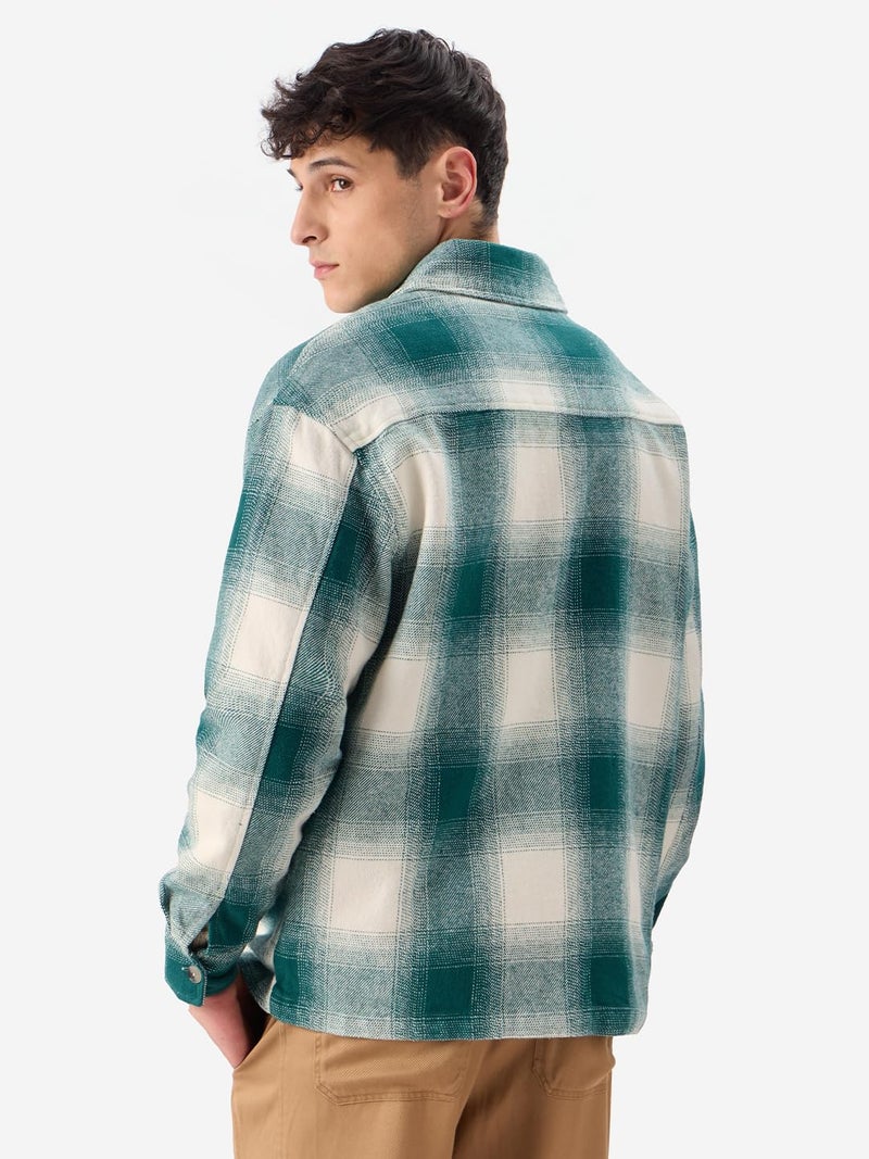 The Souled Store Plaid : Light Emerald and White Men and Boys Long Sleeve Collared Neck Button Front Cotton Oversized Fit Flannel Shackets - Image 4