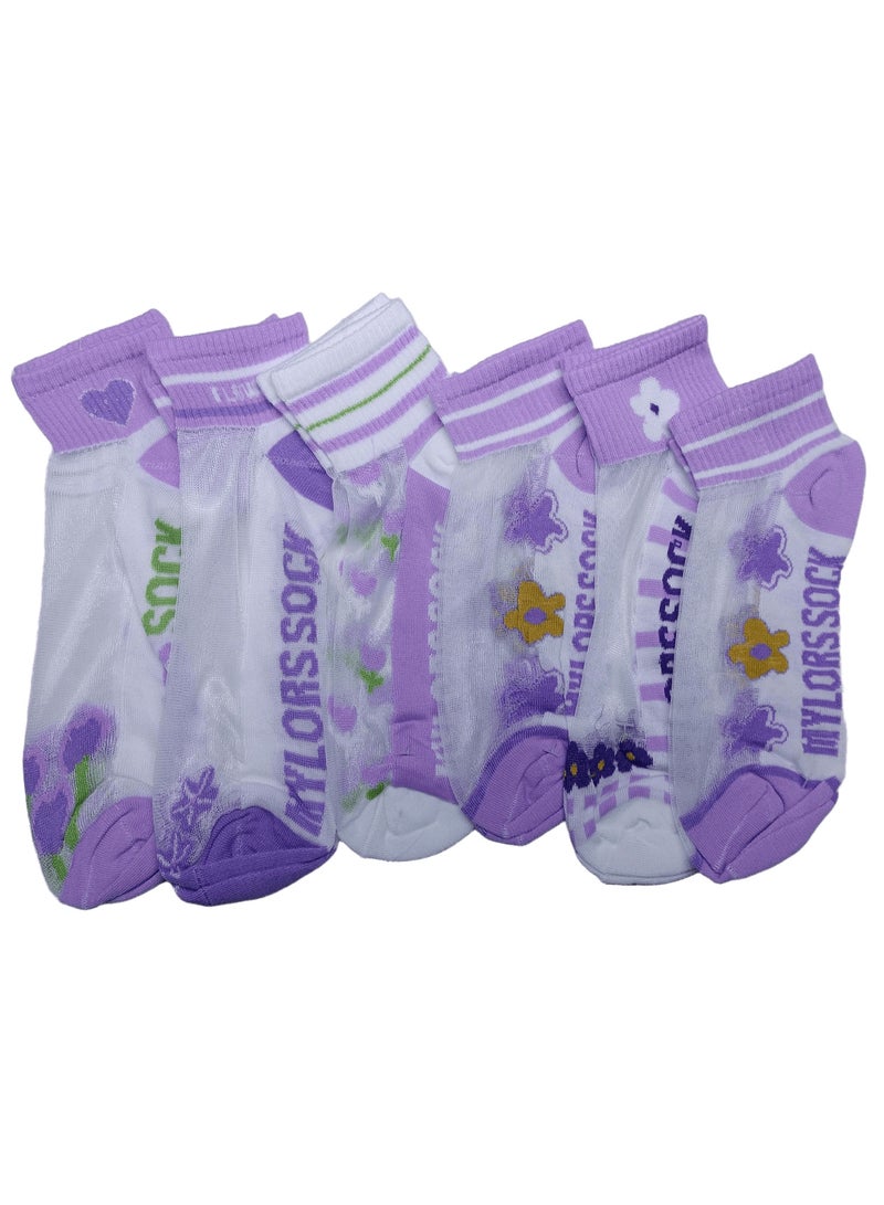 "SMARTEDGE Women's Elegant Chiffon Floral Design Short Summer Socks, Very Stylish, Set of 6 Pairs in Assorted Colors. Trendy design for women and girls