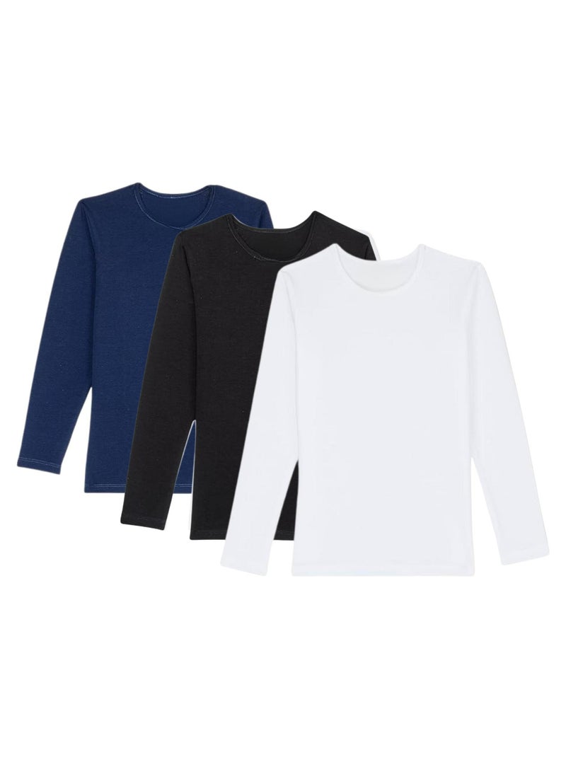 Cottonil Women's Pack of 3 Long Sleeve Cotton Undershirt , Classic Crewneck, Basic Body Wear