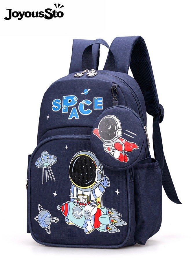 متجر الفرح حقيبة ظهر للأطفال الصغار، حقيبة ظهر مدرسية للأطفال، حقائب كتب خفيفة الوزن مع جيب للعملات المعدنية، مناسبة للأولاد والبنات من عمر سنتين فما فوق، أزرق غامق - Image 1