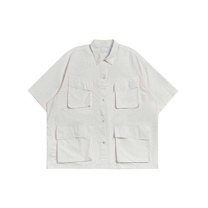 Summer Unisex Cityboy Multi-Pocket Work Shirt White - Image 3