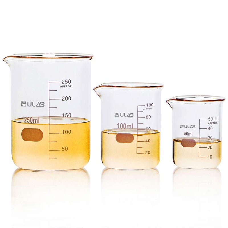 ULAB Scientific Glass Beaker Set 3 Sizes 50ml 100ml 250ml 33 Boro Griffin Low Form with Printed Graduation UBG1001