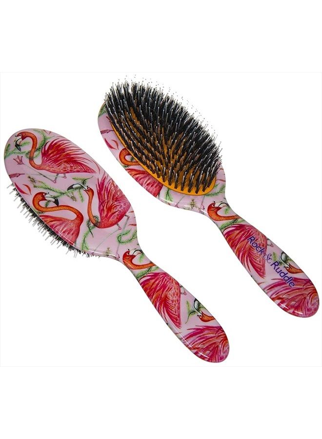 Rock & Ruddle Natural Mixed Boar Bristle Hair Brush for Women and Kids (Large 8.3") - Perfect for Wet or Dry Hair, Detangling Smoothing Blowdrying - Designed & Made in UK - Flamingoes Design - Image 1