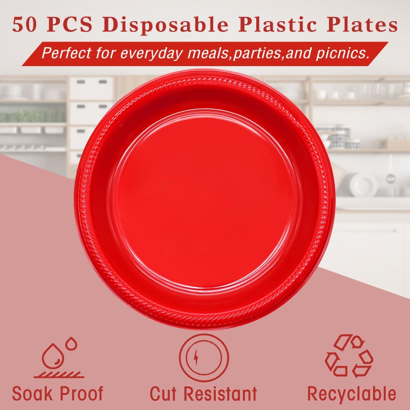 BONSINY Red Plastic Plates Disposable 10 inch | 50 PCS Red Disposable Plates for Party  Picnic  Birthday  Graduation Party Patriotic Day - Image 2