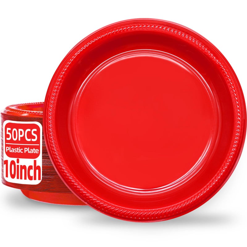 BONSINY Red Plastic Plates Disposable 10 inch | 50 PCS Red Disposable Plates for Party  Picnic  Birthday  Graduation Party Patriotic Day - Image 1