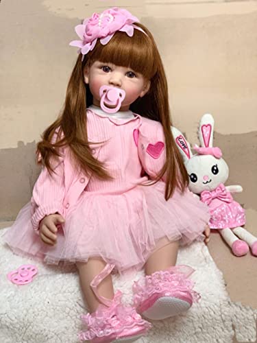 iCradle Angelbaby Doll 24 inch Adorable Reborn Toddler Girl with Long Hair That Looks Real Reborn Silicone Baby Dolls Cuddle Toys for Children Doll Sets Pink Dress - Image 1