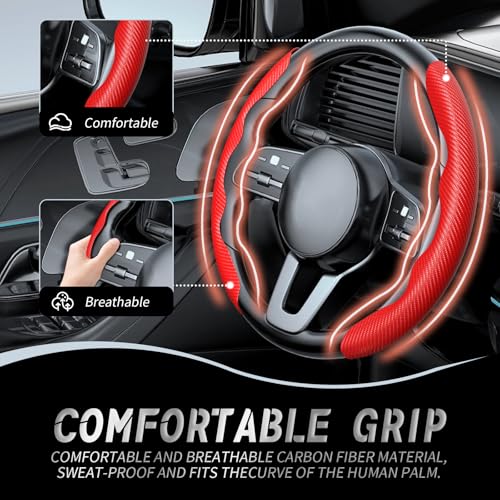 WOCOCN 2pcs Car Steering Wheel Cover,Anti-Skid Carbon Fiber Steering Wheel Protector for Men Women,Multiple Color Options,Universal for Most Car Interiors Accessories (Red) - Image 2
