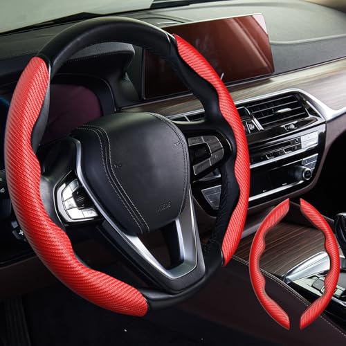 WOCOCN 2pcs Car Steering Wheel Cover,Anti-Skid Carbon Fiber Steering Wheel Protector for Men Women,Multiple Color Options,Universal for Most Car Interiors Accessories (Red) - Image 1