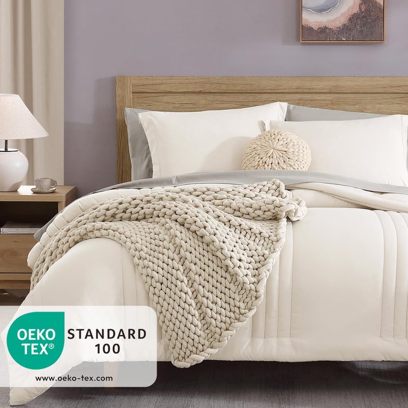 Monbix Queen Comforter Set - 7 Pieces Snow White Bed in a Bag Queen Bedding Sets with Comforters, All Seasons Comforter Bed Set with Sheets, Pillowcases & Shams - Image 3