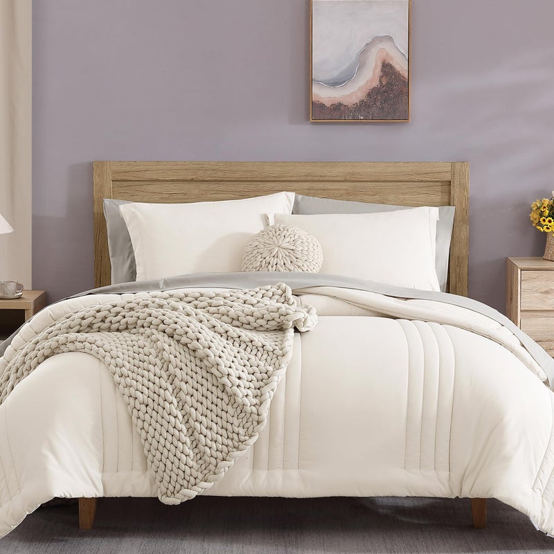 Monbix Queen Comforter Set - 7 Pieces Snow White Bed in a Bag Queen Bedding Sets with Comforters, All Seasons Comforter Bed Set with Sheets, Pillowcases & Shams - Image 1