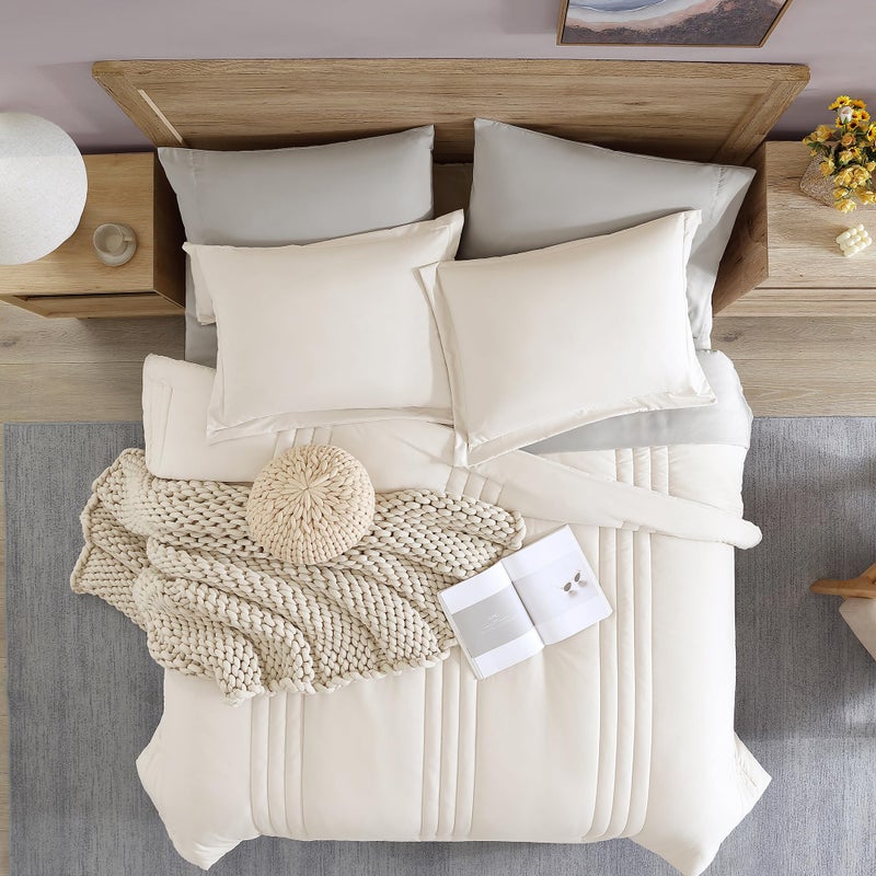 Monbix Queen Comforter Set - 7 Pieces Snow White Bed in a Bag Queen Bedding Sets with Comforters, All Seasons Comforter Bed Set with Sheets, Pillowcases & Shams - Image 2