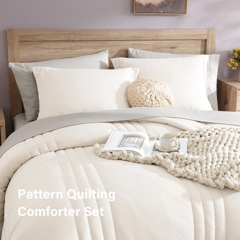 Monbix Queen Comforter Set - 7 Pieces Snow White Bed in a Bag Queen Bedding Sets with Comforters, All Seasons Comforter Bed Set with Sheets, Pillowcases & Shams - Image 4