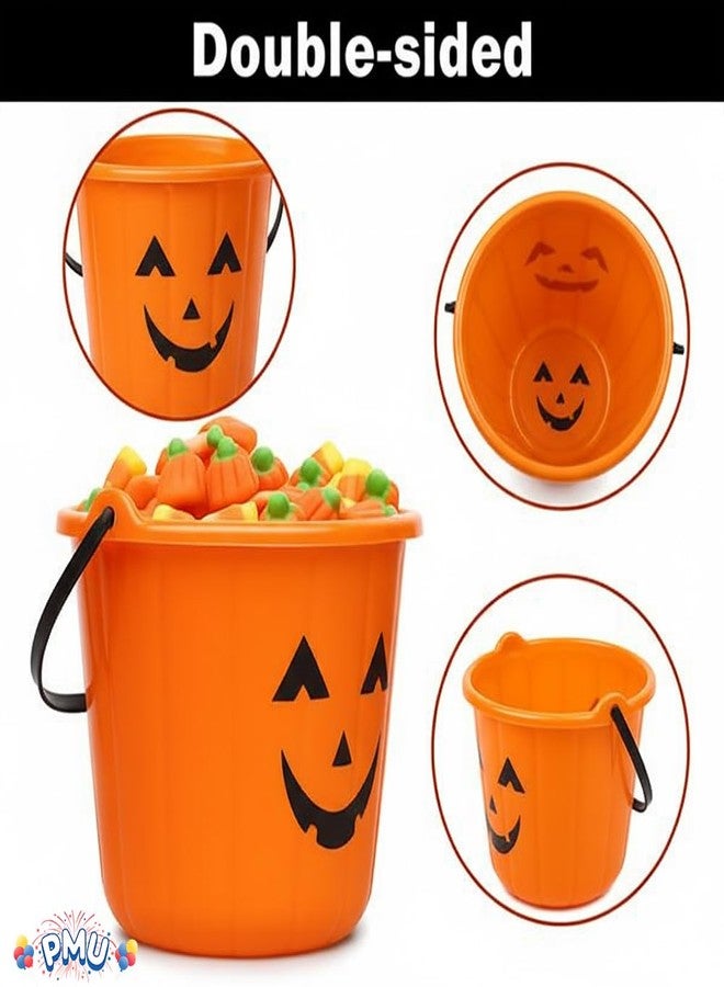 PMU Halloween Jack-O-Lantern Pail Bucket - Two Sided Design Gift Basket Pumpkin Plastic Buckets with Handle - Perfect Halloween Décor - 9 Inch Orange - Image 2