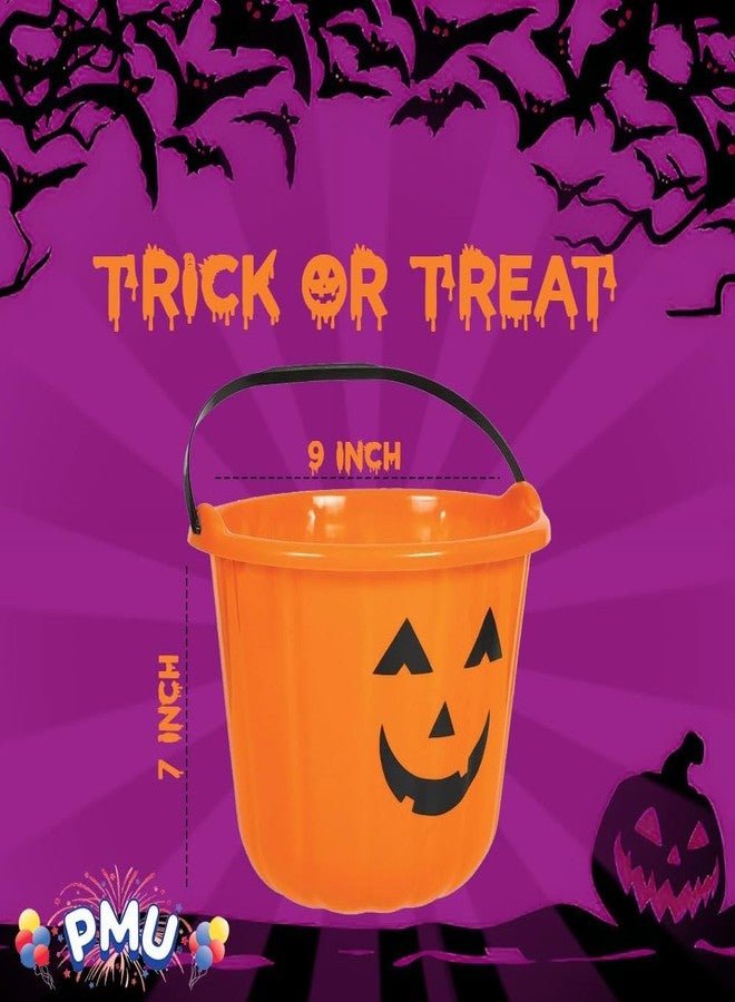 PMU Halloween Jack-O-Lantern Pail Bucket - Two Sided Design Gift Basket Pumpkin Plastic Buckets with Handle - Perfect Halloween Décor - 9 Inch Orange - Image 3