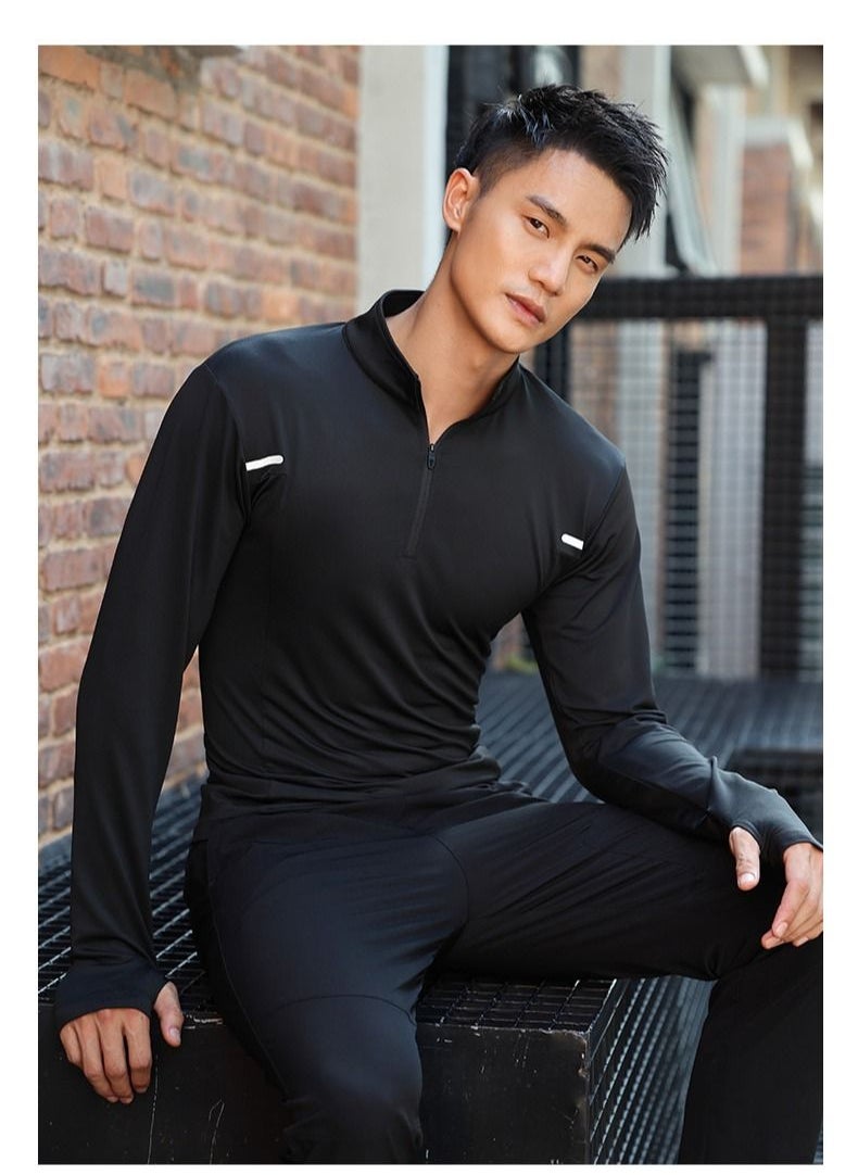 UTDOORWEAR - تي شيرت رجالي بأكمام طويلة وياقة واقفة وسحّاب نصف رفيع للجري واللياقة البدنية سريع الجفاف - Image 1