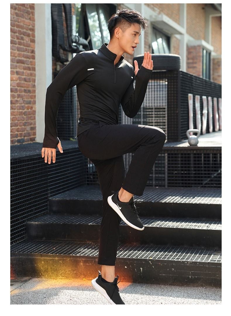 UTDOORWEAR - تي شيرت رجالي بأكمام طويلة وياقة واقفة وسحّاب نصف رفيع للجري واللياقة البدنية سريع الجفاف - Image 1