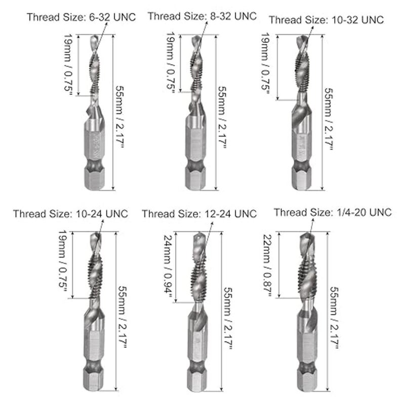 6 Pcs Tap and Drill Bit Set Silver M3 M4 M5 M6 M8 M10 118 Degree Double Thread Flute - Image 3