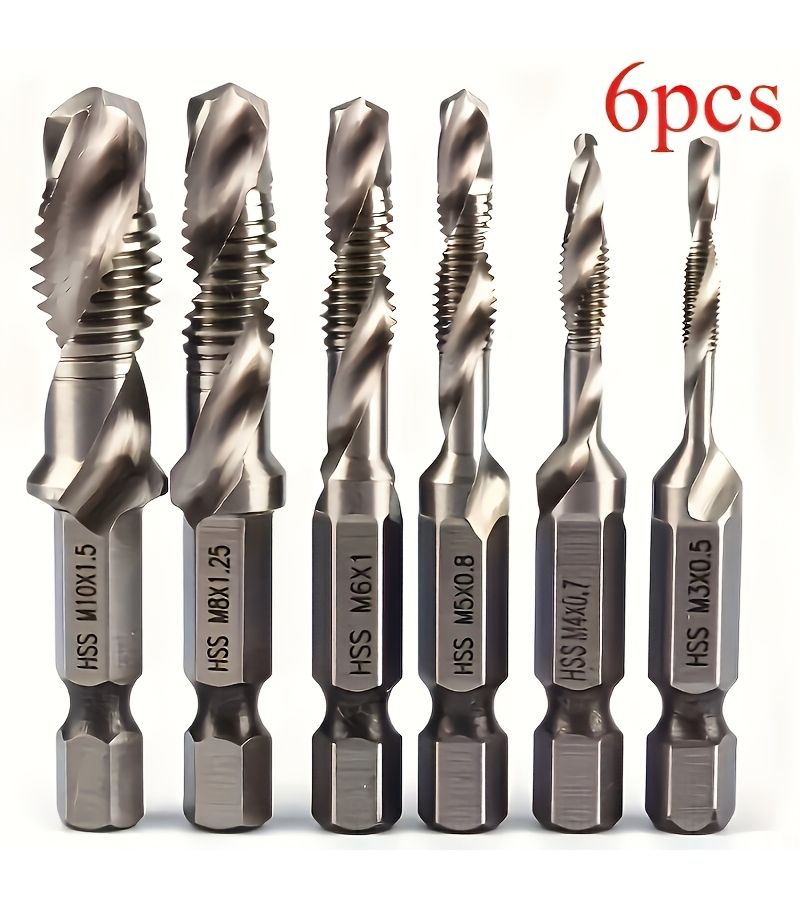 6 Pcs Tap and Drill Bit Set Silver M3 M4 M5 M6 M8 M10 118 Degree Double Thread Flute - Image 1
