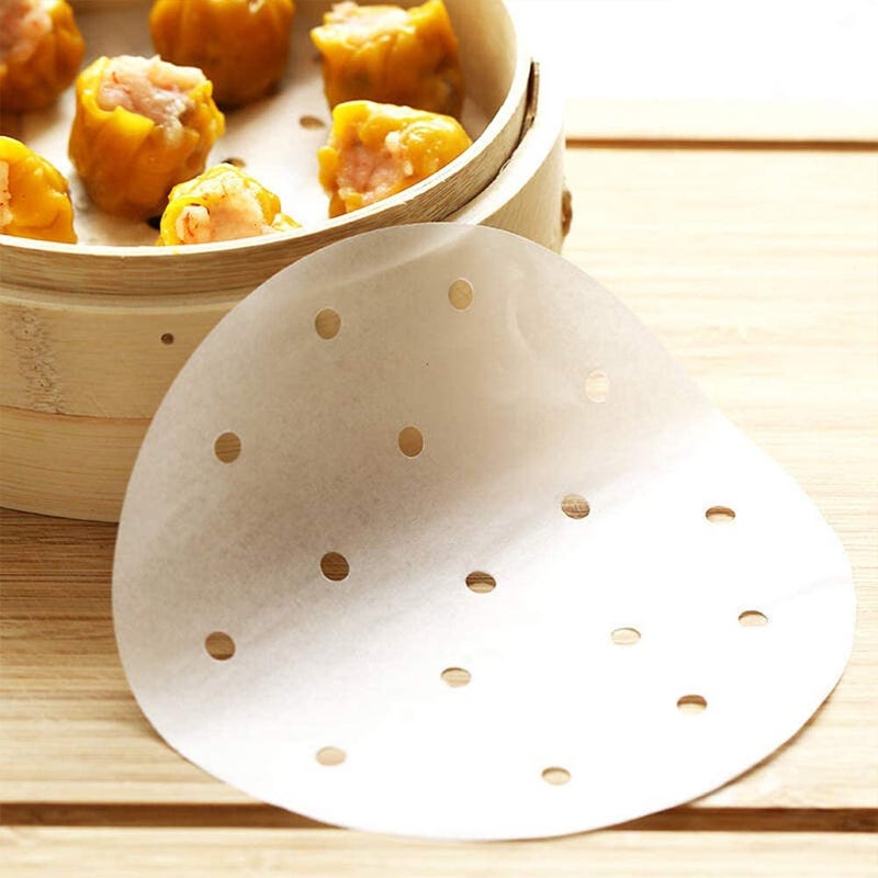 MineSign 100 Count Perforated Parchment Paper Bamboo Steamer Liners for 12 inch Air Fryer Parchment Paper - Image 3