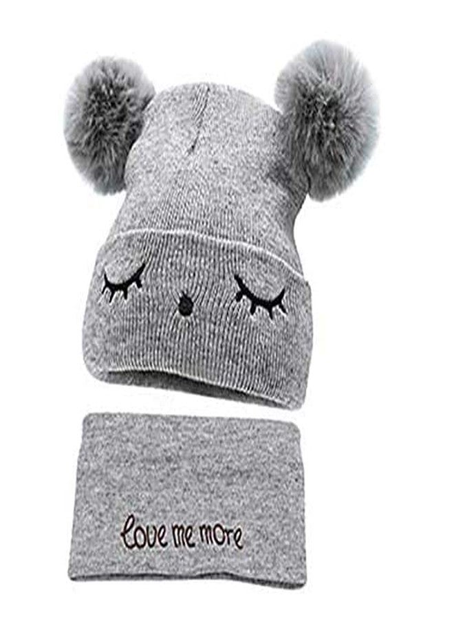 Dressify® - 2 Pcs (0-1Yr) Eye Look Baby Hat Scarf Set Woolen Knitted Kids Beanie Cap with Pompom Warm Faux Fur Scarves Boy Girl Winter Hats Toddler Bonne Grey Color - Image 2