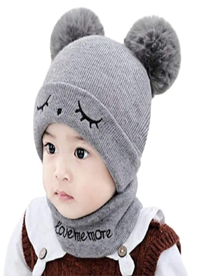 Dressify® - 2 Pcs (0-1Yr) Eye Look Baby Hat Scarf Set Woolen Knitted Kids Beanie Cap with Pompom Warm Faux Fur Scarves Boy Girl Winter Hats Toddler Bonne Grey Color - Image 1