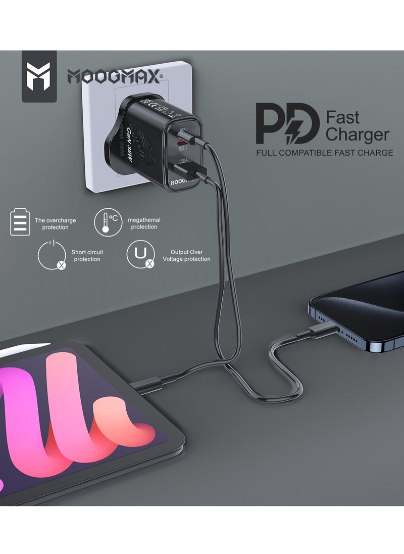 MOOGMAX GaN 38W home wall charger with three ports, a Type-C PD port, a USB QC.3 port, and a Lightning port to preserve the environment, supports fast charging in black from Moogmax  - Image 2