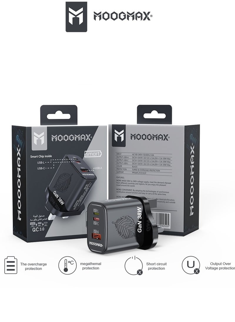 MOOGMAX GaN 38W home wall charger with three ports, a Type-C PD port, a USB QC.3 port, and a Lightning port to preserve the environment, supports fast charging in black from Moogmax  - Image 4