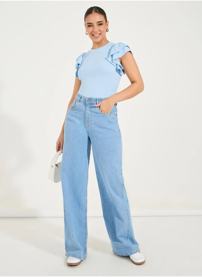Styli Solid Round Neck Knit Top with Ruffled Sleeves