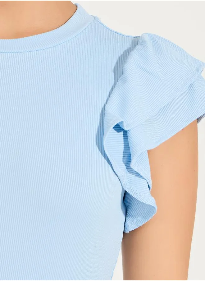 Styli Solid Round Neck Knit Top with Ruffled Sleeves