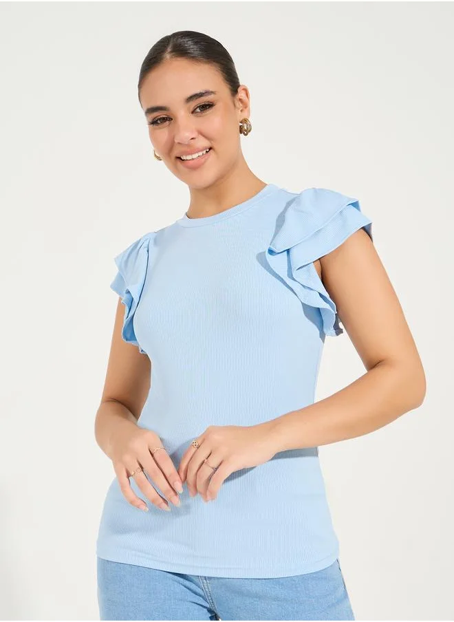 Styli Solid Round Neck Knit Top with Ruffled Sleeves