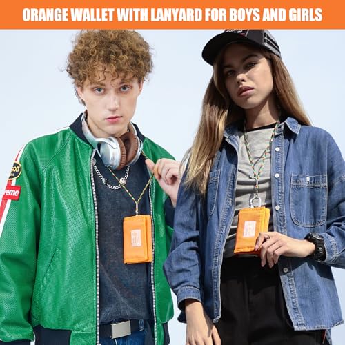 RE ROUGH ENOUGH Rough Enough Kids Wallet for Boys Girls Preppy Teen with Neck Lanyard Keychain Canvas Bright Orange - Image 2