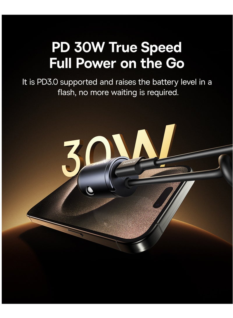 بيسوس شاحن سيارة 30 واط، شاحن سيارة سريع USB-C مع منفذ Type-C 30 واط + كابل Type-C ملفوف مدمج بطول 1.4 متر، متوافق مع سلسلة آيفون 16/15، سامسونج جالاكسي S24/S23/S22، بيكسل، موتو، إل جي، أندرويد، تصميم مدمج من سبائك الزنك، توافق عالمي PD3.0، شحن مزدوج للأجهزة مثل آيفون وآيباد والمزيد - Image 2