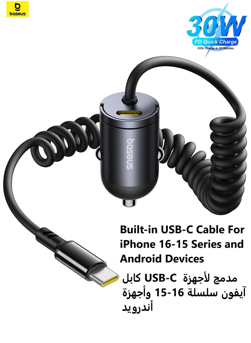 بيسوس شاحن سيارة 30 واط، شاحن سيارة سريع USB-C مع منفذ Type-C 30 واط + كابل Type-C ملفوف مدمج بطول 1.4 متر، متوافق مع سلسلة آيفون 16/15، سامسونج جالاكسي S24/S23/S22، بيكسل، موتو، إل جي، أندرويد، تصميم مدمج من سبائك الزنك، توافق عالمي PD3.0، شحن مزدوج للأجهزة مثل آيفون وآيباد والمزيد - Image 1