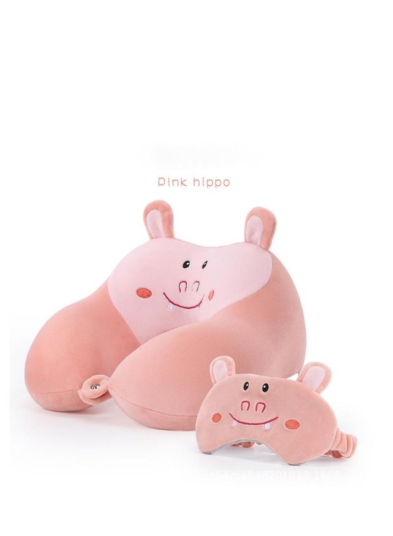 Y&D Travel Pillow for Kids and Adults Animal Memory Foam Neck with Soft Fleece Cover Eye Mask Set Airplane Kit Drawstring Organizer Bag Machine Washable (Hippo) - Image 1