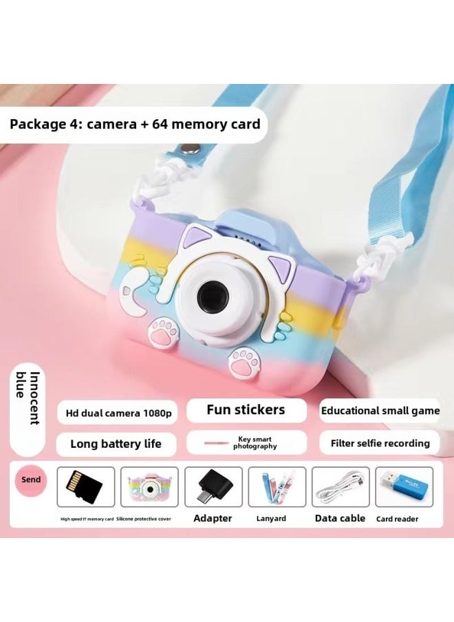Children's Camera Can Take Pictures And Video Rainbow Cat Small SLR Camera Toy Children's June 1 Children's Day Gift-Color: Hd Dual Camera 9600w+64g Memory Card Set  - Image 1