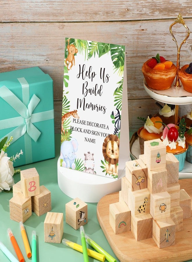 Dinifee 125 Pcs Baby Shower Decorate a Block Game Set Includes Help Us Build Memories Sign 100 DIY Blank Wooden Block 24 Paint Marker Prize for Wedding Baby Shower Game(Jungle) - Image 4