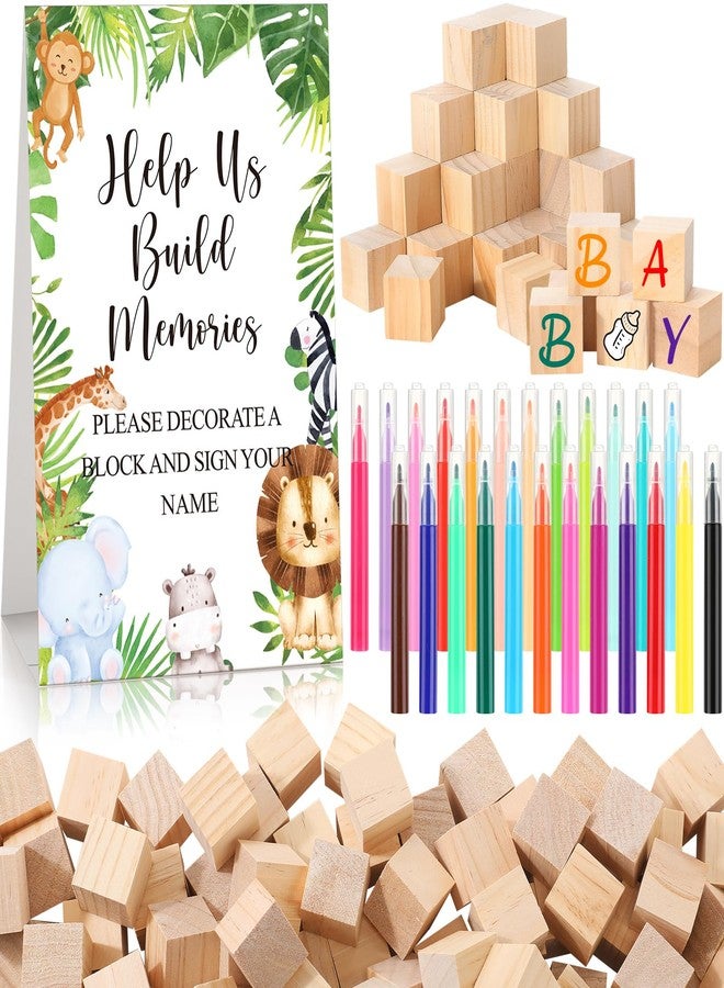 Dinifee 125 Pcs Baby Shower Decorate a Block Game Set Includes Help Us Build Memories Sign 100 DIY Blank Wooden Block 24 Paint Marker Prize for Wedding Baby Shower Game(Jungle) - Image 1