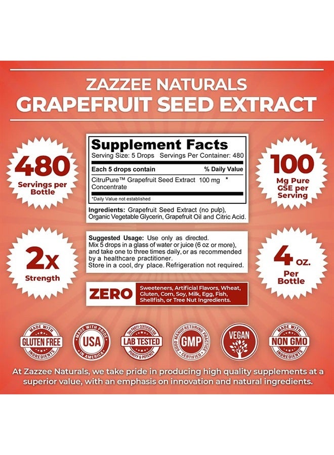 Zazzee Grapefruit Seed Extract (GSE) 4 Ounces | 2X Potency | Maximum Strength | High Absorption | 480 Servings | 100 mg per Serving | Vegan, Liquid Concentrate, Non-GMO and All-Natural - Image 2