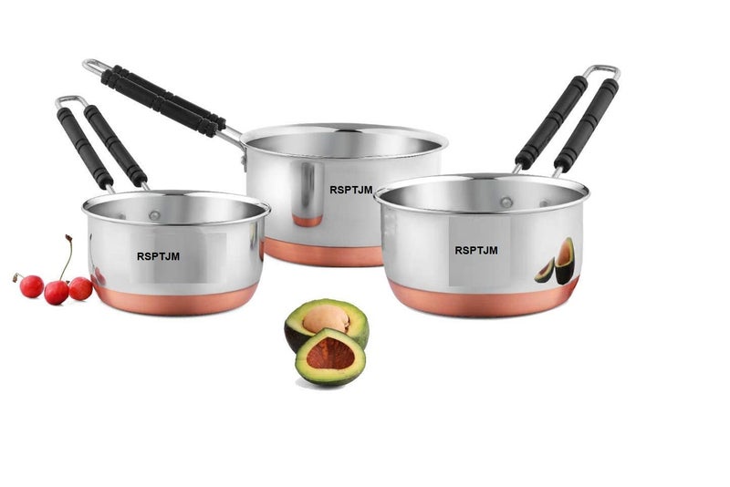 RSPTJM Sauce Pan Tea maker milk pan 500 ml 1000 ml 2000 ml pack of 3 stainless Steel Copper Bottom Sauce Pan Flat Base Sauce Pan Tea Pan Milk Pan Tapeli Patila Sauce Pot Cookware with Handle VOMI 500 Ml 1000 ML 2000 ML pack 3 - Image 1